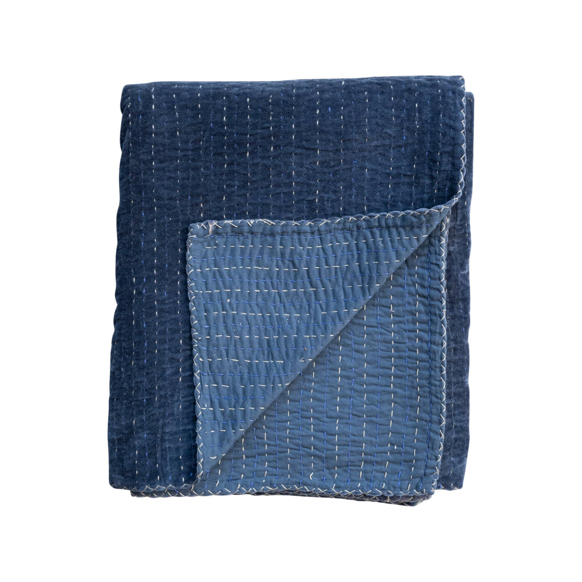 Hello Honey® Blue Kantha & Blanket Stitch Edge Cotton Velvet Throw